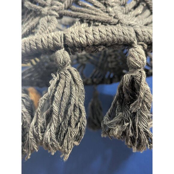 Vintage Boho Macramé Hanging Lamp Shade – Gray Woven Cord, Tassels, 12” – Retro - Picture 11 of 14